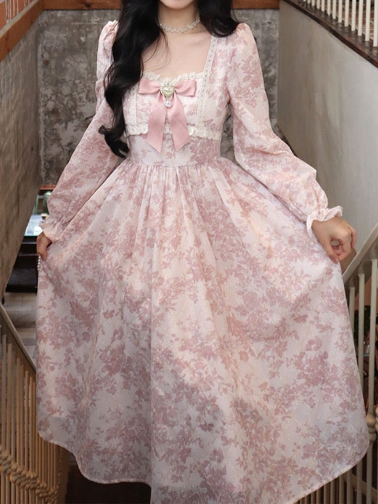 Pink Floral Print Dress Women Elegant Square Collar Puff Sleeve Dress Female French Style Vintage Kawaii Lace Bow Long Dresses