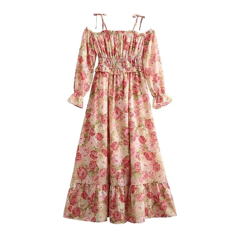 Ifomt 2023 Holiday Women Rose Long Sleeve Floral Print Off The Shoulder Vocation Long Ruffled Dress