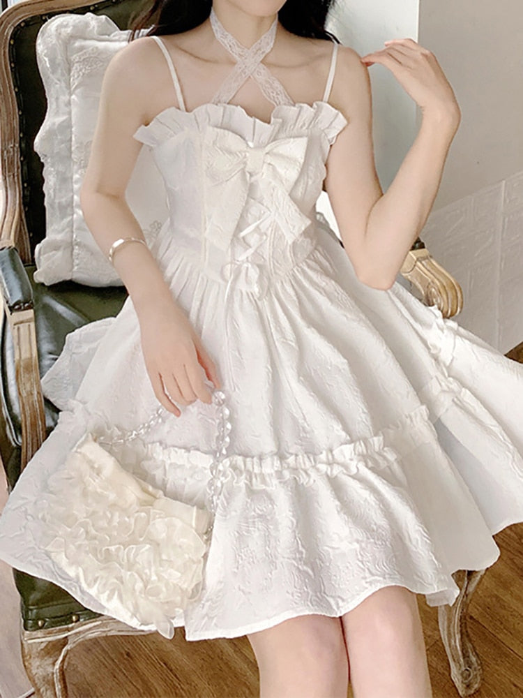 Ifomt Summer White Lolita Mini Dress Women Kawaii Clothing Vintage Fairy Strap Dress Female Casual Elegant One Piece Dress Korean