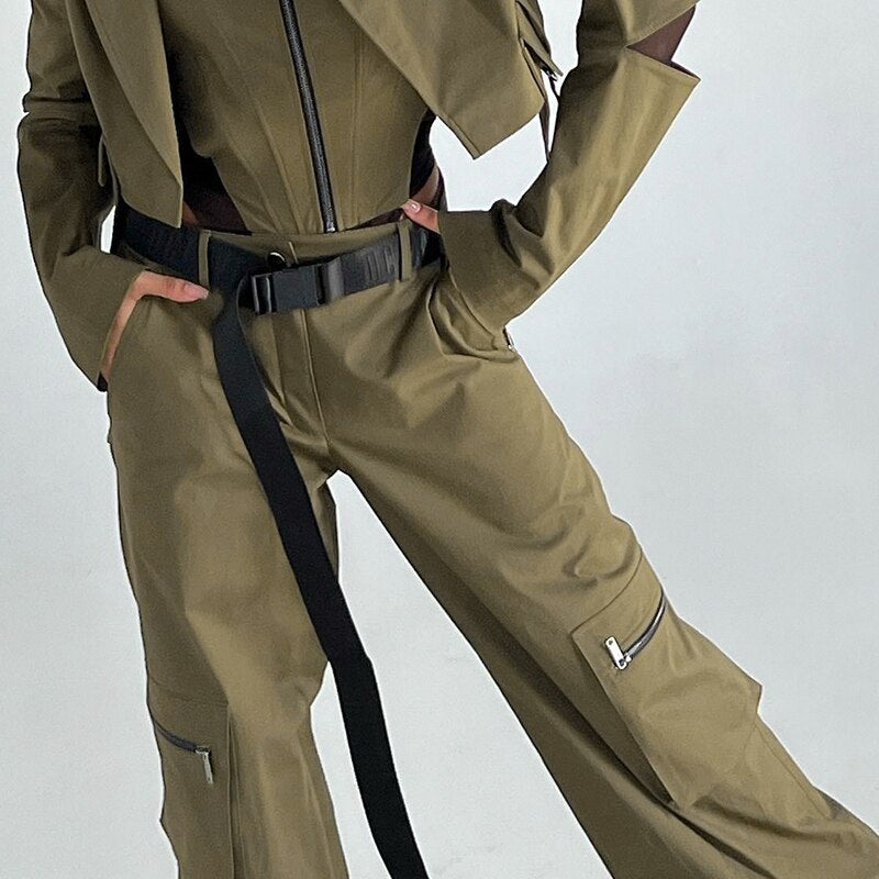 Ifomt Retro Green Cargo Pants Women Buckle Sashes Split Zipper Fashion Pockets Stitch Vintage Streetwear Straight Trousers