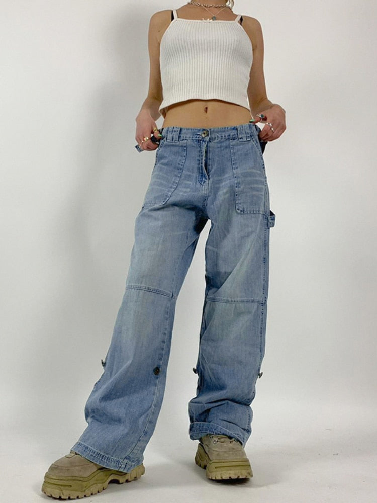 Ifomt Baggy Denim Mom Jeans Women High Waist Vintage Hollow Out Cargo Pants Casual Streetwear Harajuku Straight Leg Jeans Blue