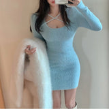 Ifomt Mink Cashmere Knitted Dress Female Red Sexy Hot Girl Skirt Fall/Winter 2022 Cross Round Neck Long Sleeve Wool Knit Dress