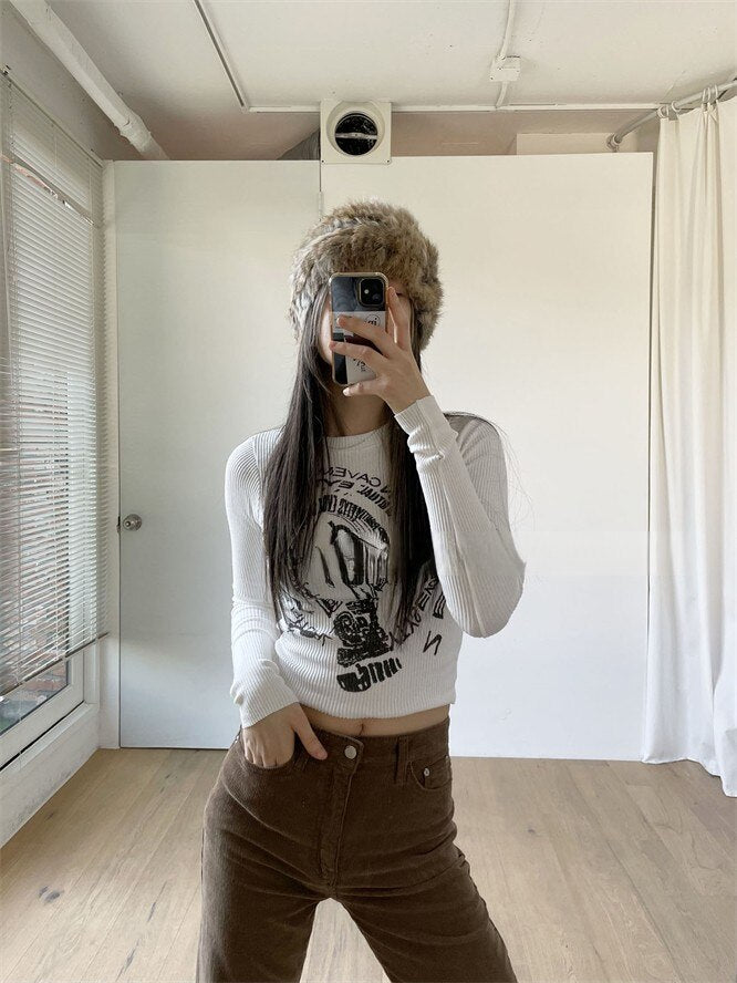Ifomt Y2K Korean Graphical Long Aesthetic Fabric Sleeve Cropped Y2K Harajuku Streetwear Women's T Shirts Fall 2023 Outfits