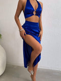 Back to college Satin Summer Backless Midi Bodycon Dress Women Two Piece Set 2022 Halter Bandage Sexy Club Party Dresses Elegant Robes