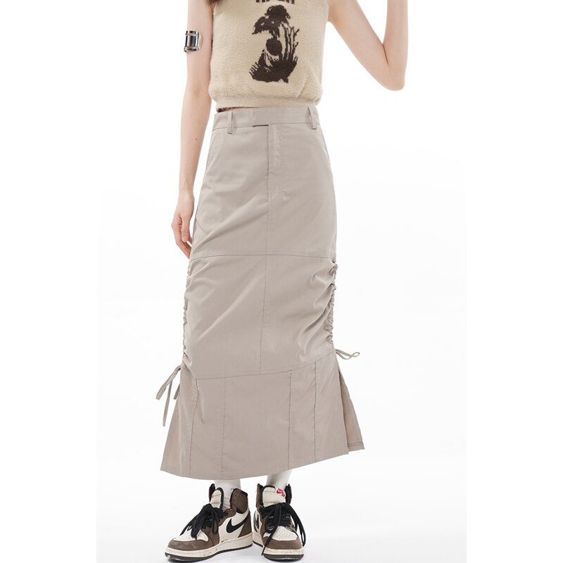 Graduation Gift Summer Women Cargo Slit Longuette Skirt High Waist Casual American Safari Style Vintage Straight Female Streetwear Slit Skirt