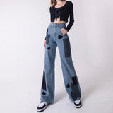 Ifomt Contrast Patches Grunge Baggy Jeans Woman Mid Waist Wide Leg Denim Trousers Vintage Aesthetic Casual Streetwear Pants