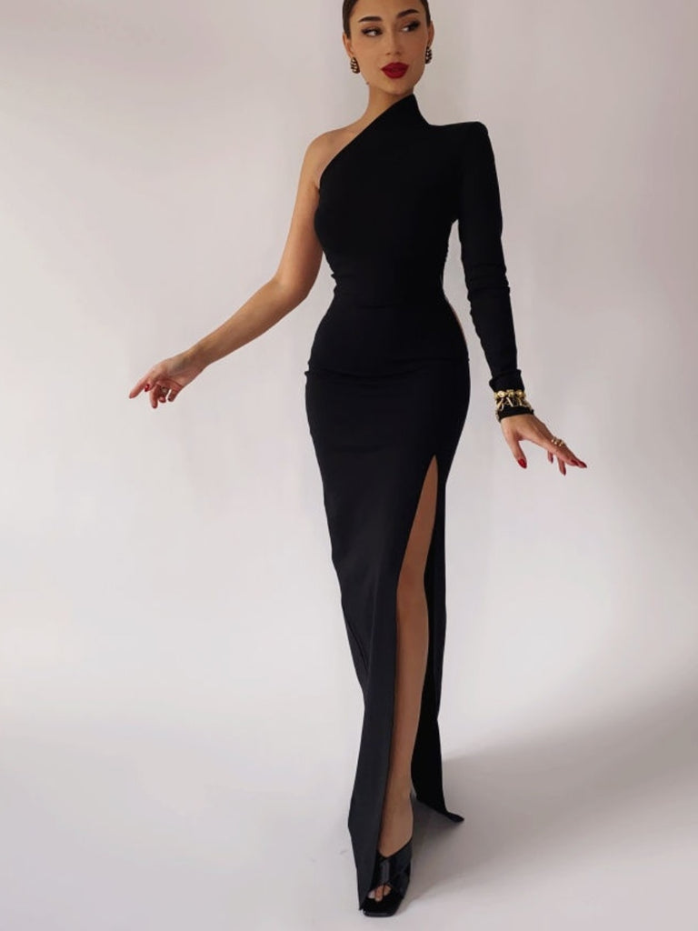 Ifomt Black Maxi Long Party Dress High Fashion Sheath Slim One Shoulder Design Long Dress Evening Wear New Arrival 2022