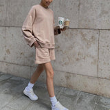 Back to college Spring Summer Soft Cotton Set Women Loose Casual 2 Pieces Long Sleeve Sweatshirt & High Waist Short Solid Outfits