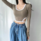 IFOMT 2024 Fashion Woman tops y2k style Casual Stripe Stitch Skinny Crop Top
