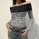 IFOMT 2024 Fashion Woman tops y2k style Goth Letter Print Patched Off Shoulder Pullovers Top