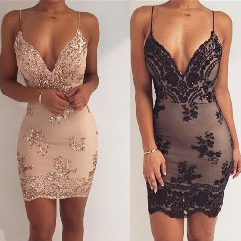 2023 Fashion Sequin V-neck Bodycon Lace See-throug Dress Women Mini   Party Club Sleeveless Backless Dresses Vestidos Clothes