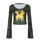 IFOMT 2024 Fashion Woman tops y2k style Vintage Butterfly Printed Flare Sleeve Crop Top