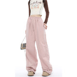 Ifomt American Vintage Pink Stripe Sweat Pants Fashion Y2K Women's Straight Wide Leg Pants Casual Baggy Mopping Trouser Ladies Summer