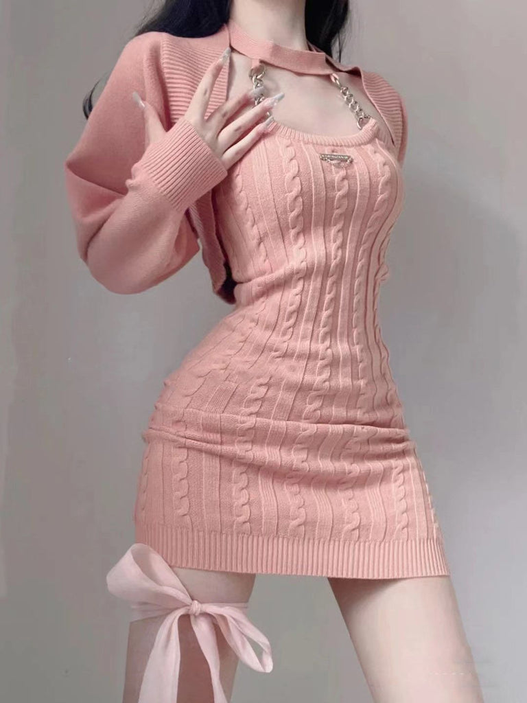 Ifomt Pink Knitted Suits Office Lady Sweet Y2k Crop Tops + Mini Dress Women 2023 Autumn Korea Fashion Even Party 2 Piece Dress Set