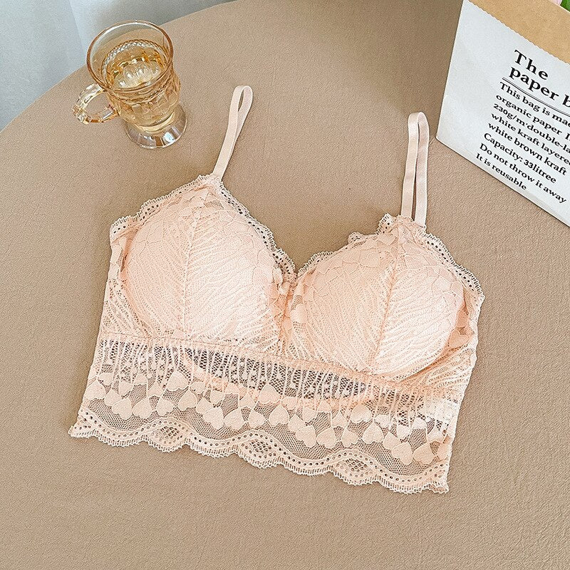 2023 New   Lace Women Bras Triangle Cup V-Nack Crop Top Padded Wireless Lingerie Female Breathable Beauty Back Underwear