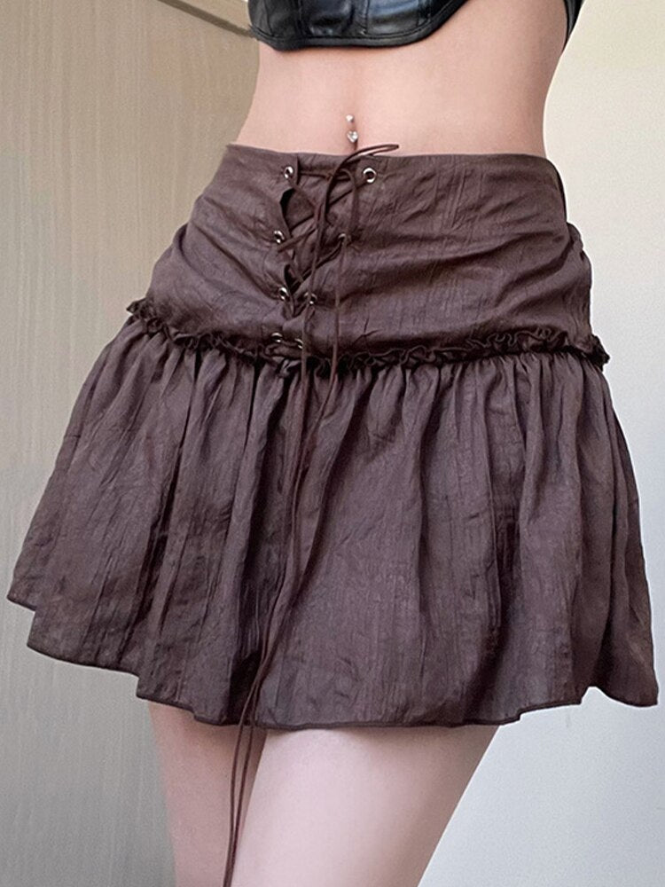 Ifomt American Retro Mini Skirt Women Summer Low Waist Lace Up Bandage Skirts Preppy Style Solid Color Pleated Skirt Y2k Streetwear