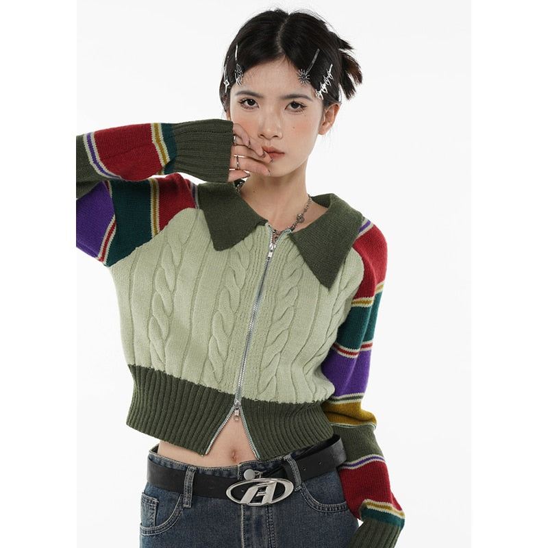 Back to school Women Green Stripe Short Sweater POLO Collar Color Contrast Fashion Retro Lazy Wind Winter Long Sleeves Knitting Cardigan Coat