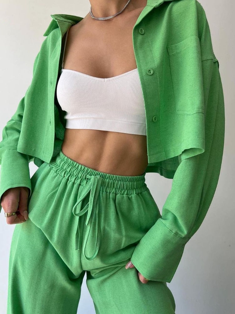 Ifomt New 2piece Set Women Outfit 2023 Autumn Solid Long Sleeved Short Casual Shirt Drawstring Pants Jacket Sets Fall Outfits 2023
