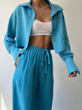 Ifomt New 2piece Set Women Outfit 2023 Autumn Solid Long Sleeved Short Casual Shirt Drawstring Pants Jacket Sets Fall Outfits 2023