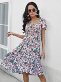 Bohemia Floral Printed Elegant Midi Dress Women Square Neck Short Sleeve Summer Casual Dress Ladies A-line Beachwear Boho Robe