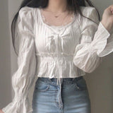 Ifomt French Style Chiffon Blouse Women Spring Summer Puff Sleeve Lace Up Ruffles Shirts Elegant Korean Fashion Preppy Style Sweet Top