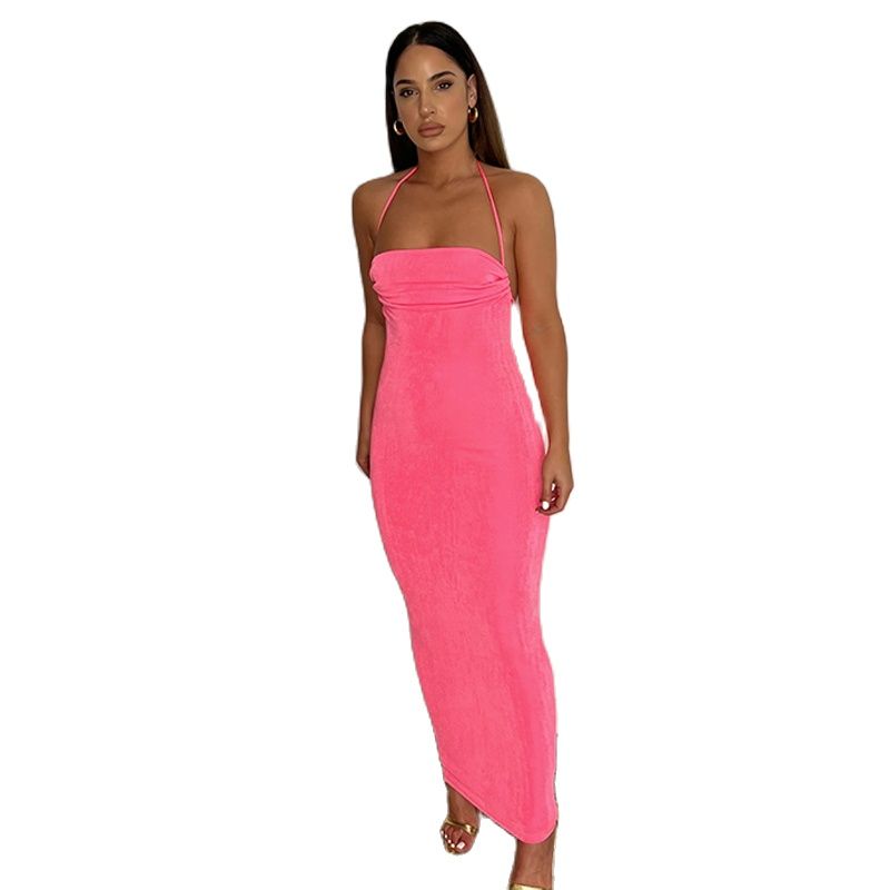 2023 Summer Women's New Fashion   Solid Color Nightclub Club Backless Lace-up Temperament Long Skirt Tube Top Halter Dress