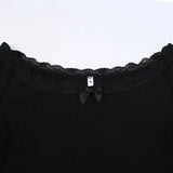 IFOMT 2024 Fashion Woman tops y2k style Black Lace Trim Knit Bow Off Shoulder Top