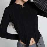 IFOMT 2024 Fashion Woman tops y2k style Vintage Black Irregular Hem Short Top