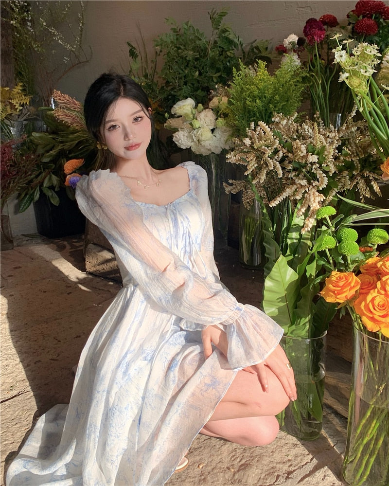 Ifomt France Floral Dress Women Party Midi Elegant Dress Casual High Waist Puff Sleeve Korean Fashion Holiday Female Dress Summer