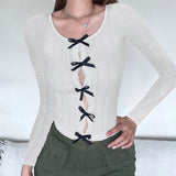 IFOMT 2024 Fashion Woman tops y2k style Bow Lace Trim Knit Crop Top
