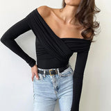 IFOMT 2024 Fashion Woman tops y2k style Basic Fold  Off Shoulder Criss-Cross Top