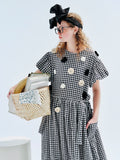 Ifomt original design black and white plaid flower embroidered dress A-line skirt short sleeve summer women's dress