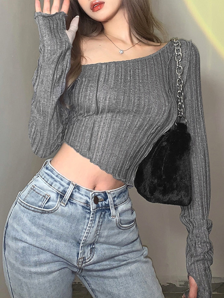 Ifomt Transparent Striped Tops Women Summer Long Sleeve Skew Collar Sexy Slim T Shirt Intellectual Mature Simple Crop Top Y2K Clothes