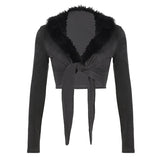 IFOMT 2024 Fashion Woman tops y2k style Vintage Fluffy Faux Fur Trim Collar Crop Top
