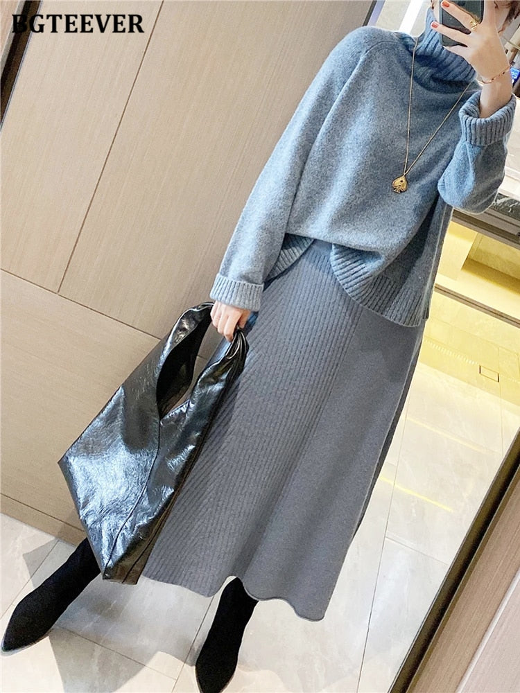 Ifomt  Elegant Thicken Ladies Knitted 2 Pieces Turtleneck Full Sleeve Pullovers & A-Line Skirt Autumn Winter Sweater Set Women
