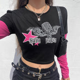 Ifomt Street Goth Rock Retro Harajuku Punk Star Print Round Neck Pullover Short Sleeve Short Navel High Waist Top Women's Clothing Y2K