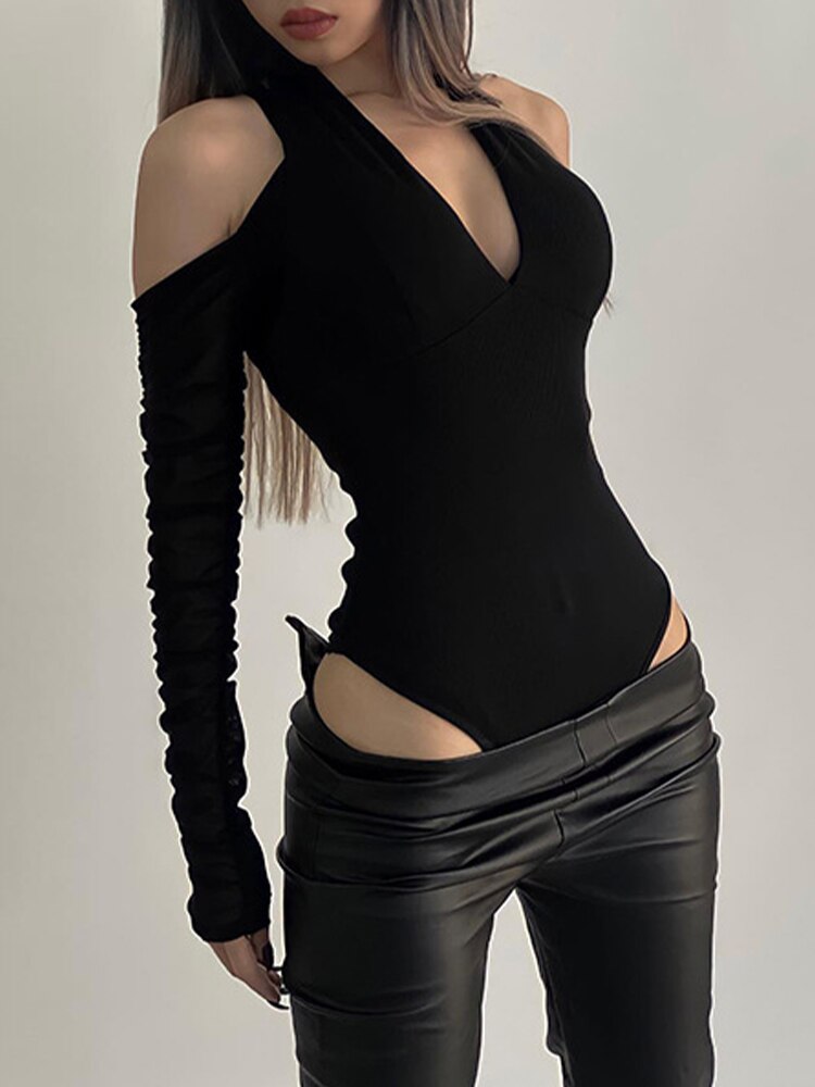 Ifomt Off Shoulder Black Bodysuit Women Long Sleeve V Neck Backless Skinny Sexy Tops Ladies Party Clubwear Bodycon T Shirt Y2K Clothes