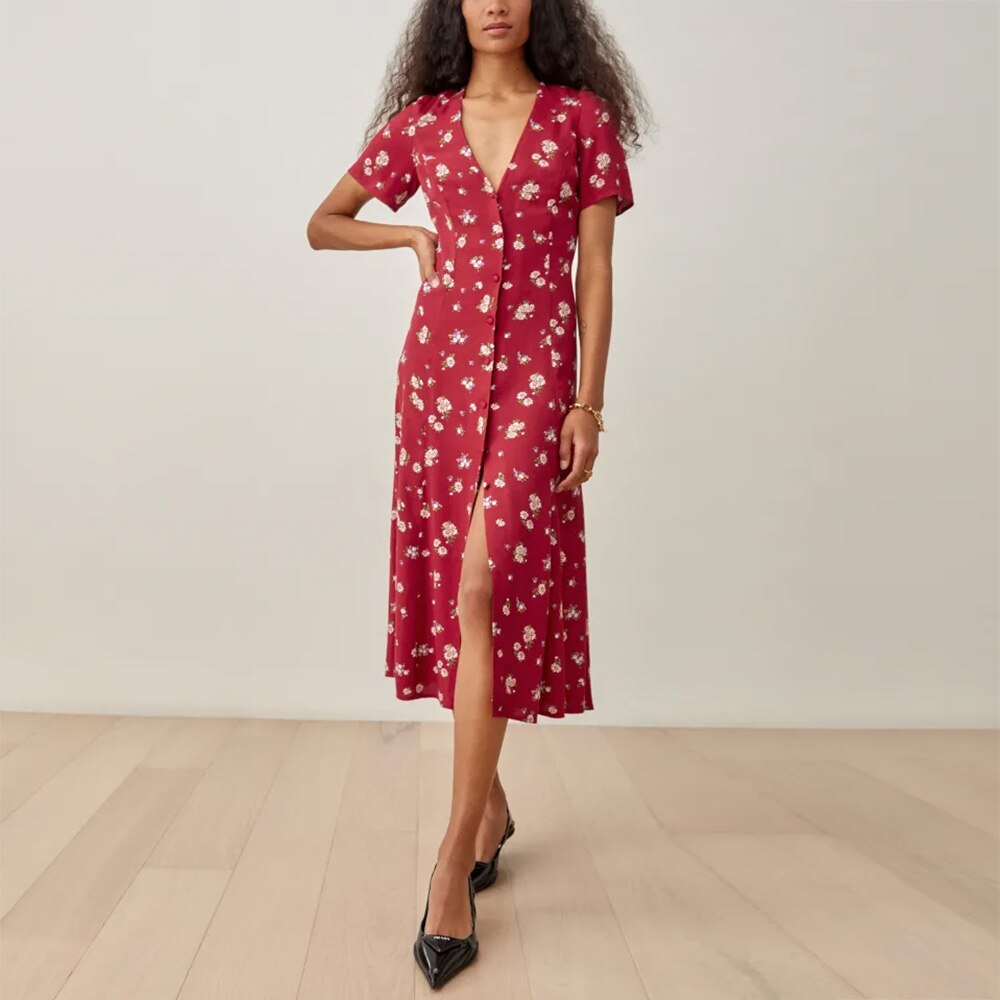 Ifomt Women Dresses 2022 Back Waist Tie Vintage Print Floral Dress V Neck Short Sleeve Button Up Front Slit Summer Midi Dress