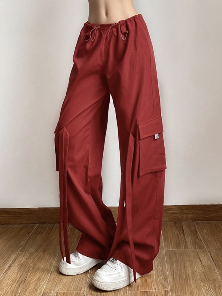 Ifomt Women Vintage Red High Street Cargo Pants Mid Waist Tether Casual Streetwear Straight Trousers Baggy Pants Ladies Summer