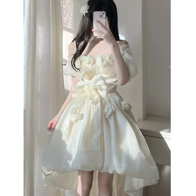 Ifomt French Chic Suspender Lolita Dress Women Summer Spring 2023 Gentle Kawaii Flower Dress Design Sweet Korea Puff Sleeve Dresses