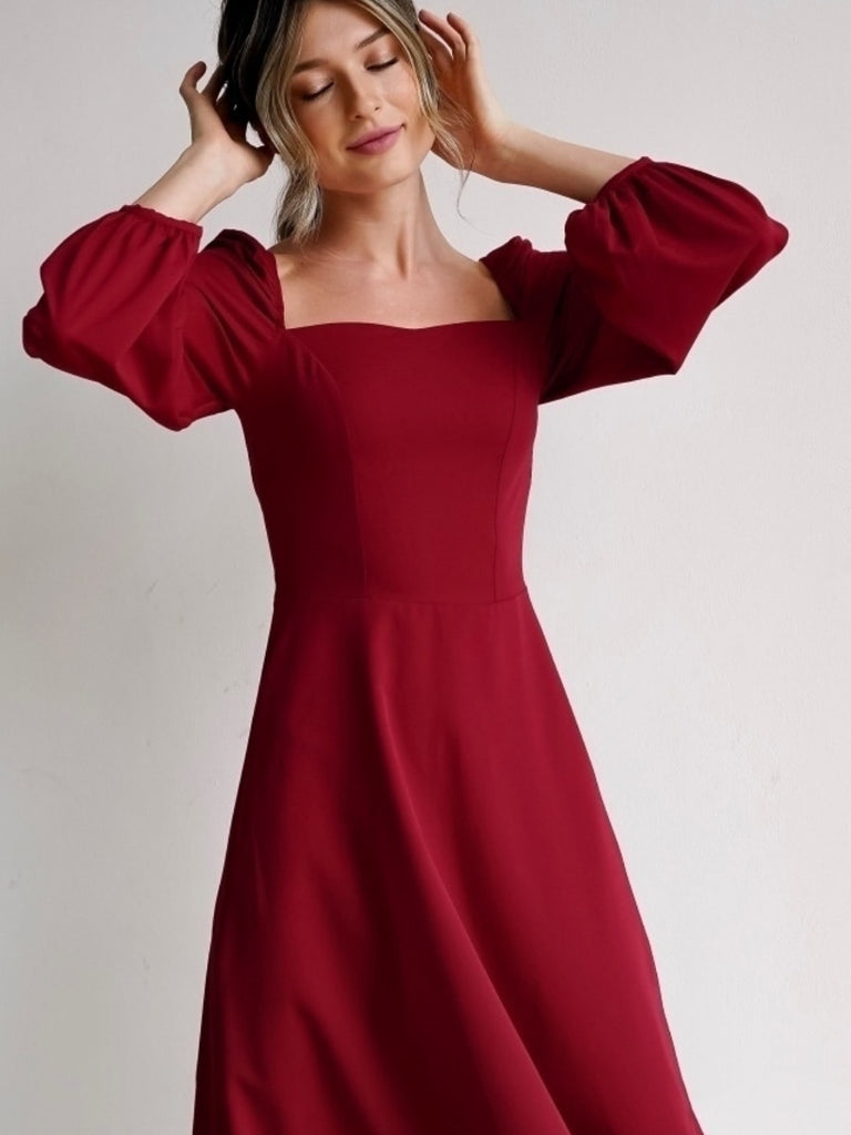 Ifomt Red Party Dress New Year Fashion A Line Women Dress Puff Sleeve Zipper Square Collar 2022 New Midi Length Autumn Winter