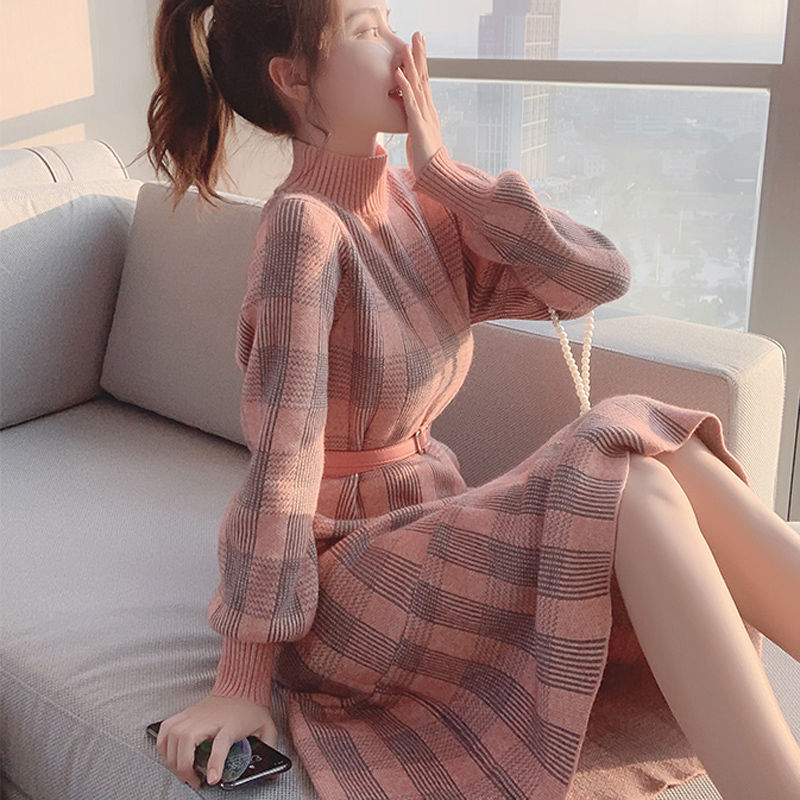 Ifomt Maxi Plaid Turtleneck Pink Sweater Dress For Women Winter Korean Knitted Vintage Casual Bodycon Fashion Dresses Loose Robe Woman