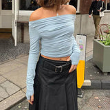 IFOMT 2024 Fashion Woman tops y2k style Black Skew Collar Long Sleeves Crop Top