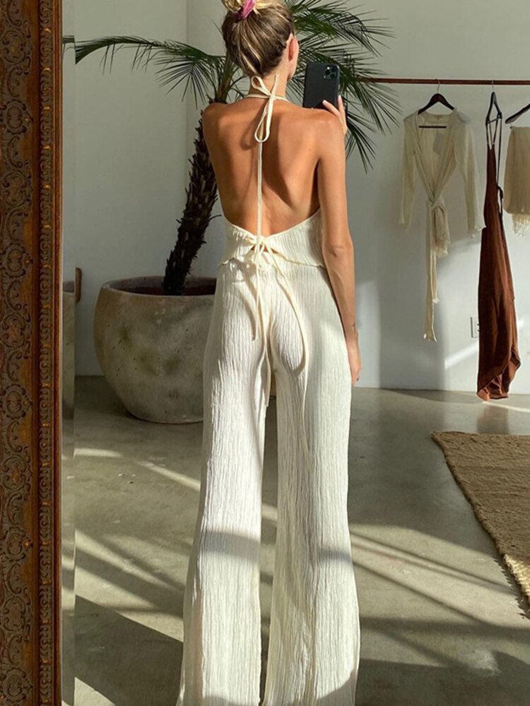 Ifomt Backless Halter Tops Sets Woman Fashion 2 Pieces Summer Solid Pleated Trouser Suits Elegant High Waist Loose Slit Pants Set