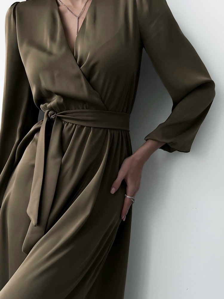 Ifomt Long Dress Slit Deep V-Neck Temperament Elegant Casual Solid Color Long-Sleeved Robe Female With Belt For Party 2022 Fashion