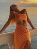 Backless Midi Dress Sexy Orange One Shoulder Slim Summer Dress for women Elegant Hollow Club Party Dresses Beachwear 2022 New