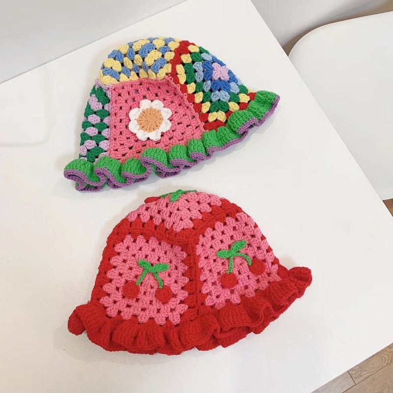 2022 Summer New Women Crochet Hand-made  Kartoon Casual Knit Hats Cherry  Red Pink Bucket Hat Cap