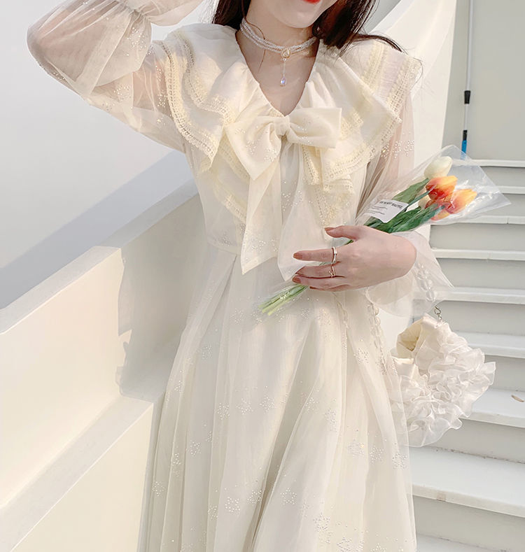 Ifomt Lace Mesh Fairy Vintage Dress Women Princess High Waist Bow Sequins Elegant Dress Female Sweet Casual Korean Dresses 2022