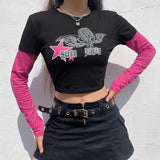 Ifomt Street Goth Rock Retro Harajuku Punk Star Print Round Neck Pullover Short Sleeve Short Navel High Waist Top Women's Clothing Y2K