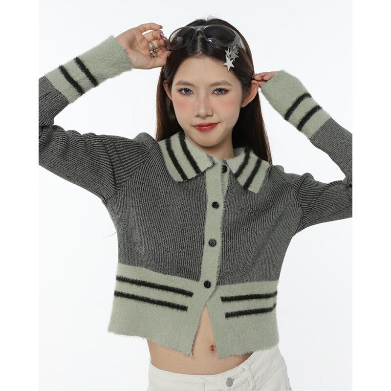 Graduation Gift Women's Clothes Green Cardigan Sweater Splicing Color Contrast Outerwear Short Fashion Vintage Lazy Wind Winter Knitting Coat